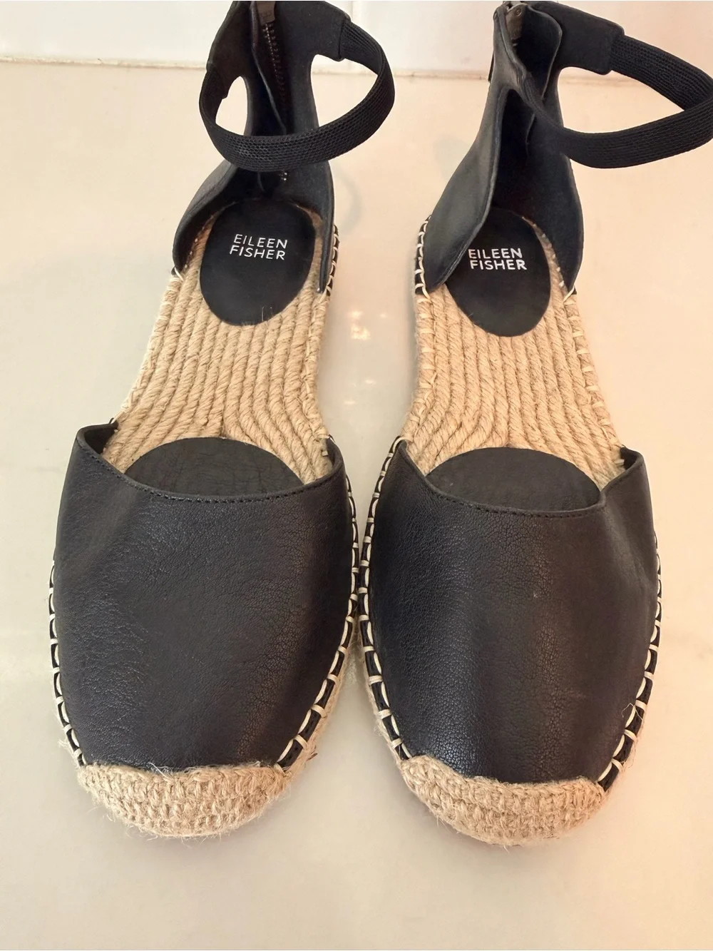 Eileen Fisher Lala Tumbled Leather Espadrille Flats in black size 7.5